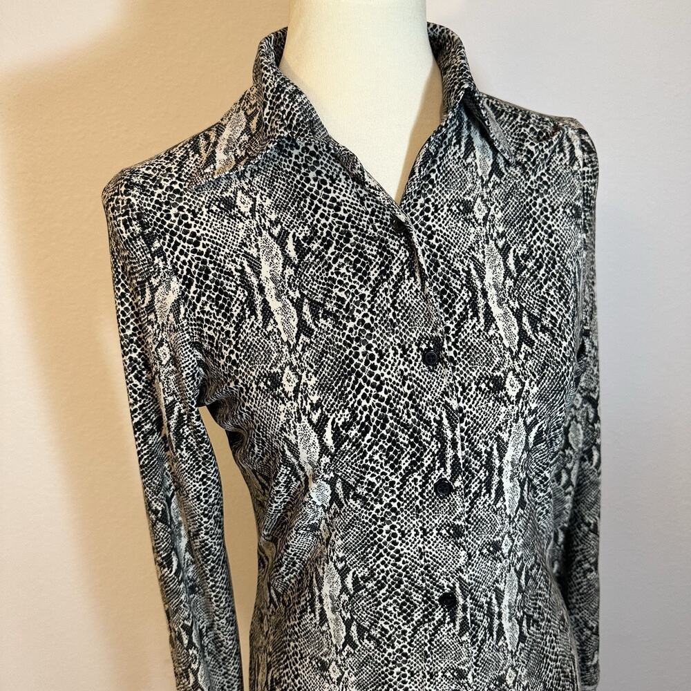 Norma Kamali Snakeskin Long Sleeve Dress Bodycon Button Up Gray Jersey Stretchy - Picture 4 of 13